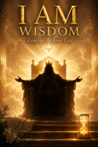 Majestic silhouetted King on a glowing throne with radiant divine light, holding out welcoming arms. Text "I AM WISDOM: Comfort for Your Loss". Represents Christ as divine comforter for the grieving.