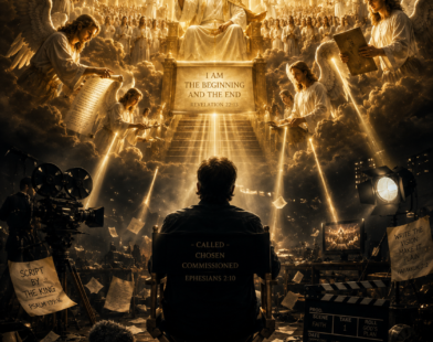 Cinematic prophetic illustration of Mel Gibson (silhouetted director) looking up at heavenly courtroom where Jesus Christ gives orders to angels guiding the creation of The Resurrection of the Christ film