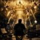 Cinematic prophetic illustration of Mel Gibson (silhouetted director) looking up at heavenly courtroom where Jesus Christ gives orders to angels guiding the creation of The Resurrection of the Christ film