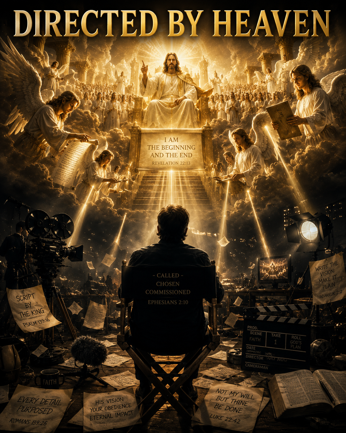 Cinematic prophetic illustration of Mel Gibson (silhouetted director) looking up at heavenly courtroom where Jesus Christ gives orders to angels guiding the creation of The Resurrection of the Christ film