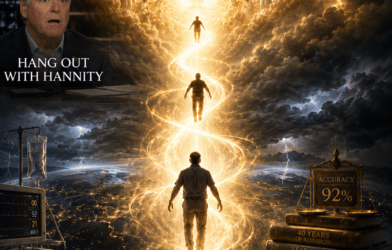 Cinematic prophetic art depicting three near-death experience testimonies ascending to a brilliant heavenly light, with an open Bible, medical equipment, and a child's toy, representing verifiable biblical evidence of heaven.