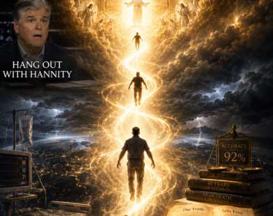 Cinematic prophetic art depicting three near-death experience testimonies ascending to a brilliant heavenly light, with an open Bible, medical equipment, and a child's toy, representing verifiable biblical evidence of heaven.