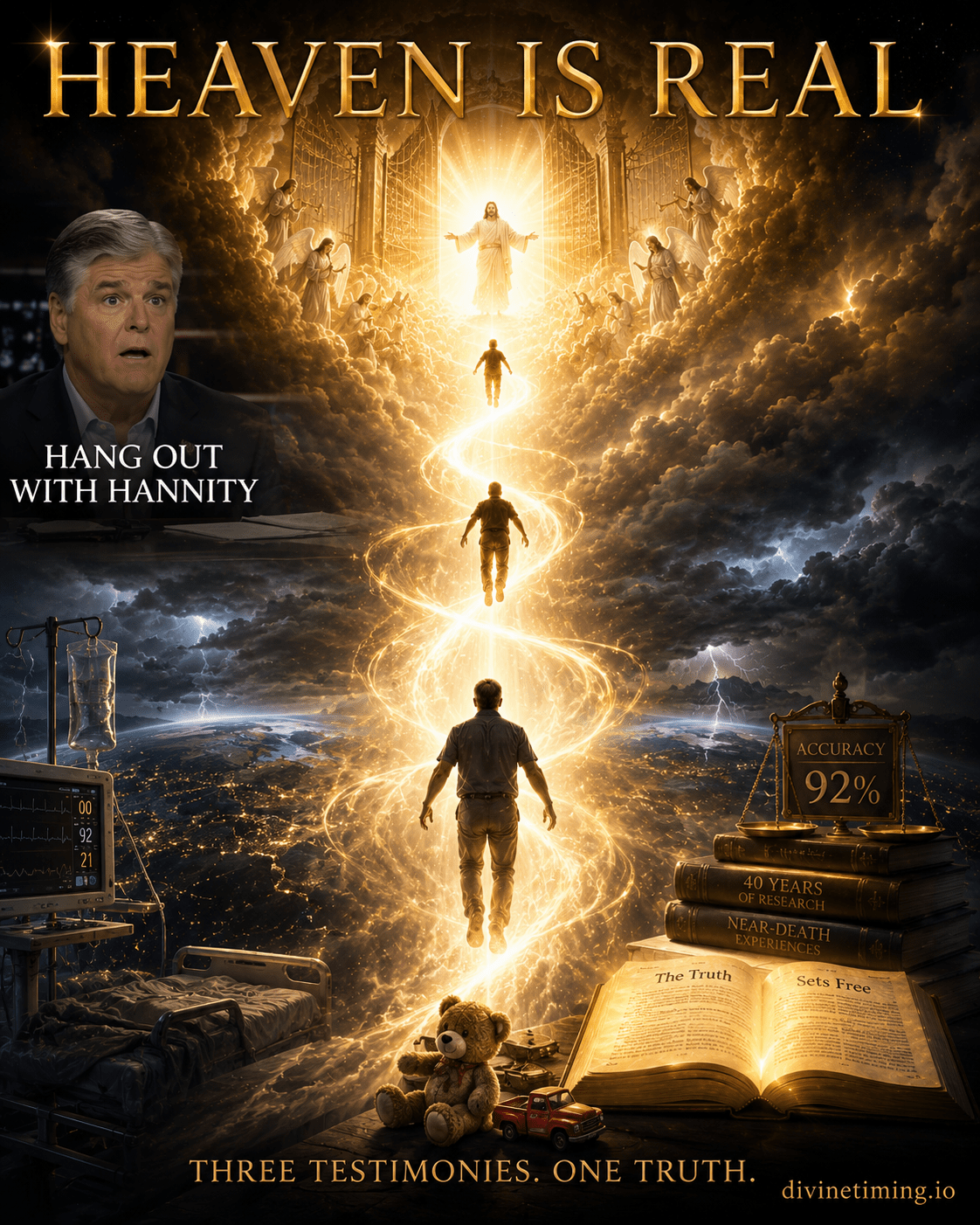 Cinematic prophetic art depicting three near-death experience testimonies ascending to a brilliant heavenly light, with an open Bible, medical equipment, and a child's toy, representing verifiable biblical evidence of heaven.