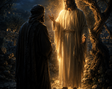 Cinematic prophetic illustration of Jesus speaking to Nicodemus in a moonlit garden at night, radiating golden light of grace, representing John 3:3 born again.