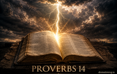 Ancient Bible open to Proverbs 14 with divine lightning striking from heaven illuminating the pages against stormy clouds