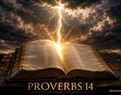 Ancient Bible open to Proverbs 14 with divine lightning striking from heaven illuminating the pages against stormy clouds