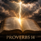 Ancient Bible open to Proverbs 14 with divine lightning striking from heaven illuminating the pages against stormy clouds