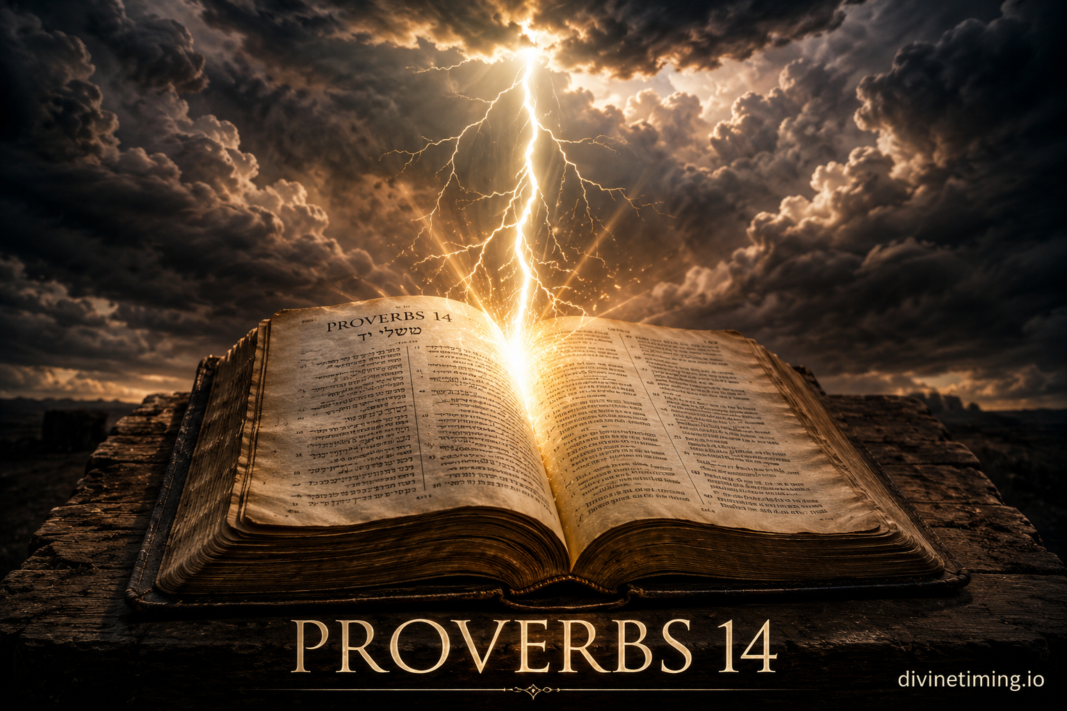 Ancient Bible open to Proverbs 14 with divine lightning striking from heaven illuminating the pages against stormy clouds