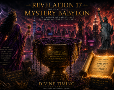 Prophetic concept art of Revelation 17 showing a glowing golden cup, a shadowy woman in a purple robe, and a crumbling neon Mega City skyline, contrasted with an open glowing Bible scroll.