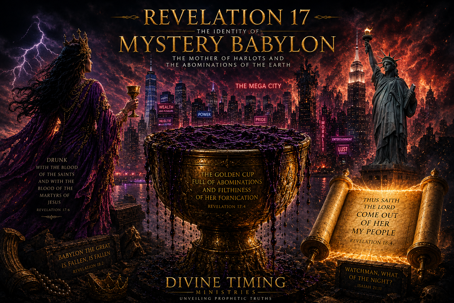 Prophetic concept art of Revelation 17 showing a glowing golden cup, a shadowy woman in a purple robe, and a crumbling neon Mega City skyline, contrasted with an open glowing Bible scroll.