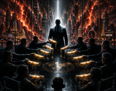 Prophetic concept art of Revelation 17 showing a fractured globe with 10 horns bowing to a golden throne, a glowing peace treaty scroll, and a crumbling neon city abandoned to flames.