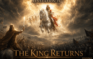 Cinematic prophetic art of Revelation 19 showing Jesus Christ returning on a white horse with eyes of fire, while a glorified King David leads the Lord's army to defeat the Beast and the Kings of the East at Armageddon.