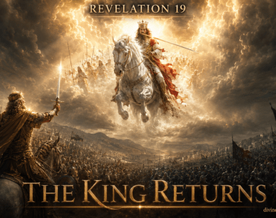 Cinematic prophetic art of Revelation 19 showing Jesus Christ returning on a white horse with eyes of fire, while a glorified King David leads the Lord's army to defeat the Beast and the Kings of the East at Armageddon.