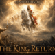 Cinematic prophetic art of Revelation 19 showing Jesus Christ returning on a white horse with eyes of fire, while a glorified King David leads the Lord's army to defeat the Beast and the Kings of the East at Armageddon.