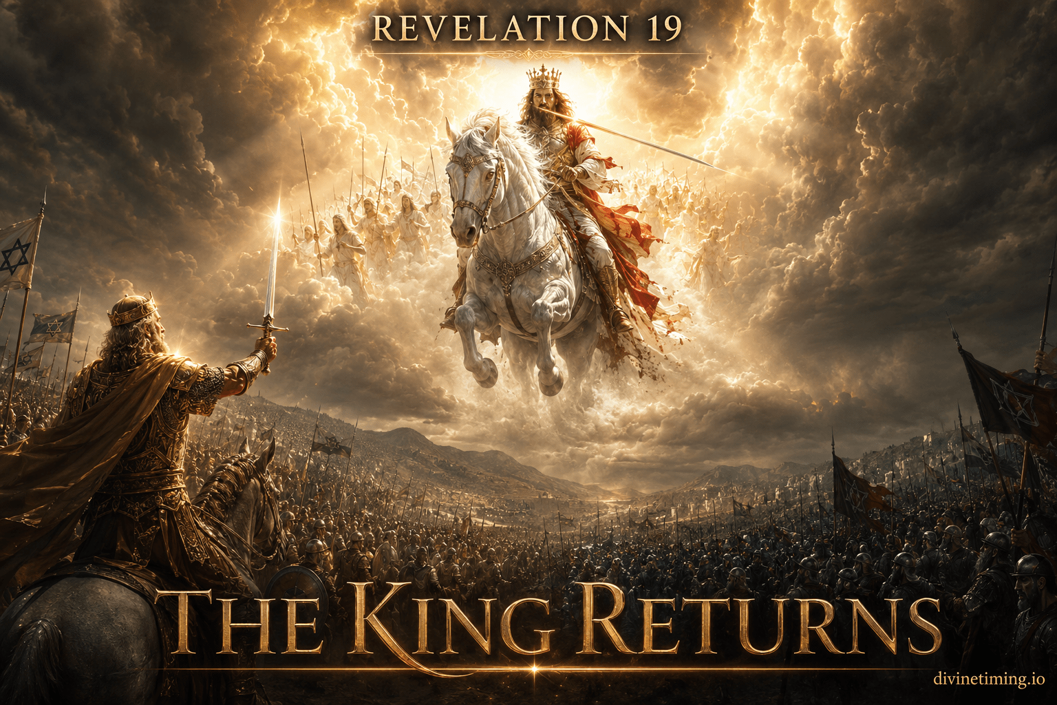Cinematic prophetic art of Revelation 19 showing Jesus Christ returning on a white horse with eyes of fire, while a glorified King David leads the Lord's army to defeat the Beast and the Kings of the East at Armageddon.