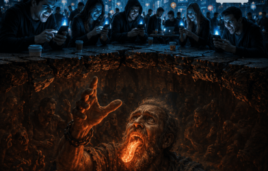 Split-level cinematic illustration showing people mocking God on social media above ground, while the Rich Man from Luke 16 looks up from Hades below with his tongue set on fire, warning them.