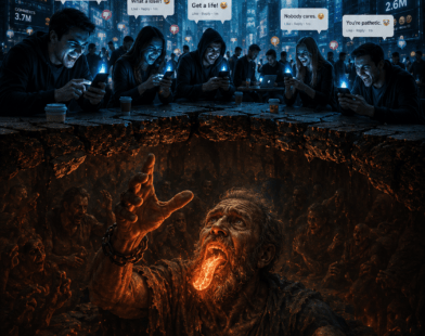 Split-level cinematic illustration showing people mocking God on social media above ground, while the Rich Man from Luke 16 looks up from Hades below with his tongue set on fire, warning them.