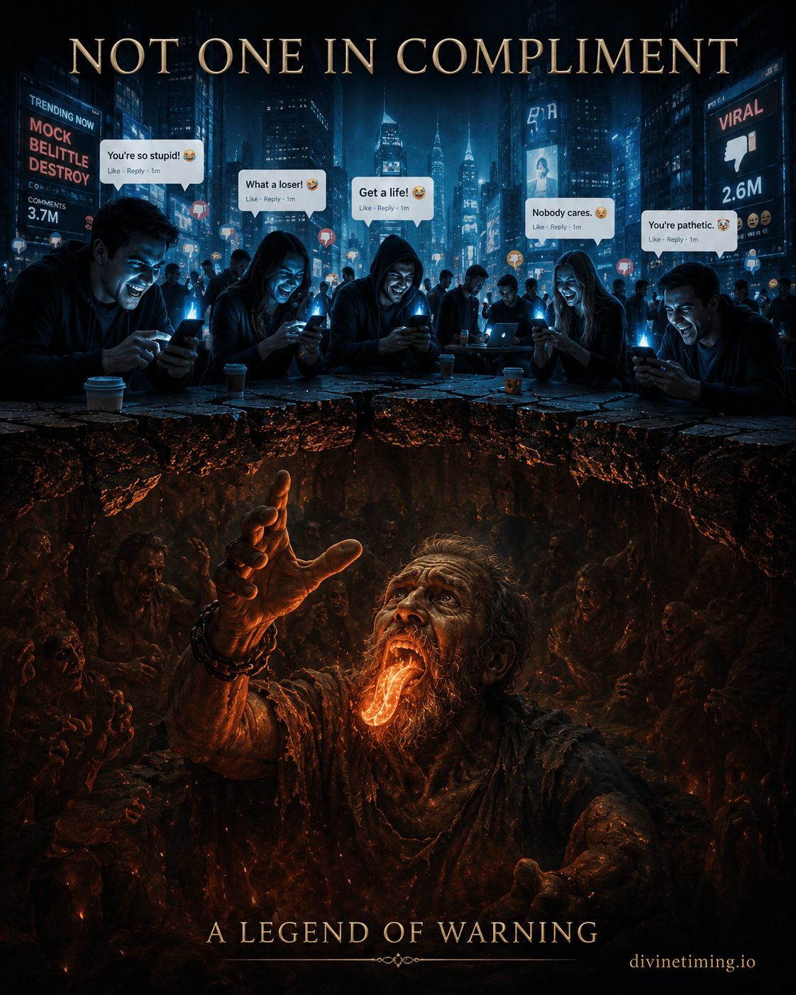 Split-level cinematic illustration showing people mocking God on social media above ground, while the Rich Man from Luke 16 looks up from Hades below with his tongue set on fire, warning them.