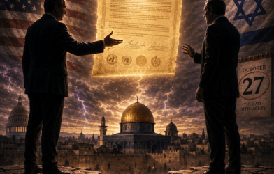 Political illustration showing Trump pressuring Netanyahu on Gaza policy with October 27 election looming, setting prophetic stage for Antichrist's seven-year covenant.