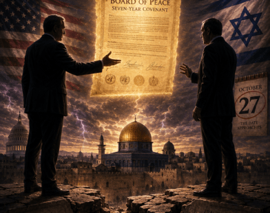 Political illustration showing Trump pressuring Netanyahu on Gaza policy with October 27 election looming, setting prophetic stage for Antichrist's seven-year covenant.