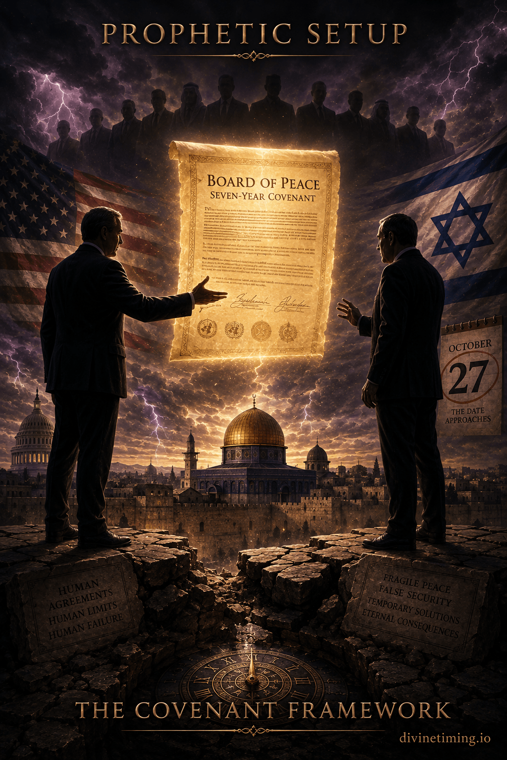 Political illustration showing Trump pressuring Netanyahu on Gaza policy with October 27 election looming, setting prophetic stage for Antichrist's seven-year covenant.