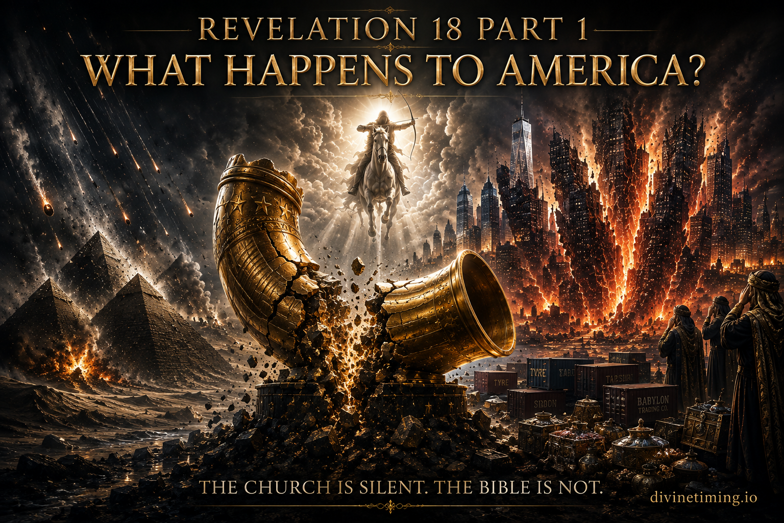 Cinematic prophetic illustration showing Egypt's judgment, the Great Horn breaking, America's earthquake destruction in Revelation 16, and merchants weeping in Revelation 18.